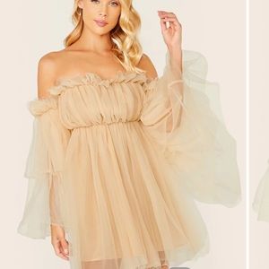 NWOT ruffle off shoulder long sleeve flowy boho mesh tulle mini dress Small